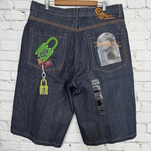 Miskeen Originals Jean Shorts Men 40 Y2K Streetwear Embroidered Wide Leg Padlock - Picture 1 of 16